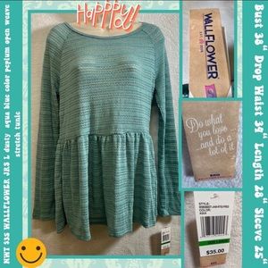 NWT $35 JRS L tunic dusty-aqua color peplum open weave stretch-from WALLFLOWER